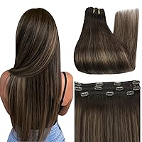 Full Shine Ombre Clip in Hair Extensions Dark Brown Fading to Brown And Ash Brown 2/8/2 Straight Real Hair Extensions Clip in Human Hair 18 Inch Straight Hair Thin Hair Clip ins