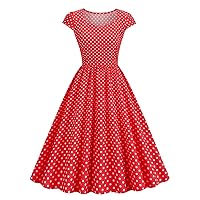 Women's Vintage Polka Dot Cap-Sleeve Dress 1950s Spring Retro Rockabilly Cocktail A Line Swing Tea Party Dresses