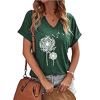 Women's T-Shirts V-Neck Dandelion Print Short Sleeve Casual Tee Tops Cute Graphic Shirts Solid Color Blouse