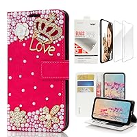 STENES Bling Wallet Phone Case Compatible with Samsung Galaxy S23 FE 5G - Stylish - 3D Handmade Crown Flowers Design Leather Girls Women Cover with Screen Protector [2 Pack] - Red