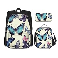 3 Pcs Beautiful Butterfly Print Backpack Sets Casual Daypack with Lunch Box Pencil Case for Women Men