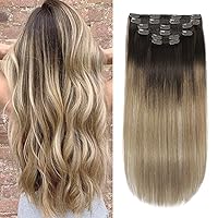 Clip in Hair Extensions, Balayage Color Brown to Dirty Blonde Real Human Hair Extensions Soft Natural 6 Pcs 100 Grams Remy Hair Clip in Hair Extensions 14inch #2/6/18