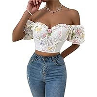 Womens Summer Tops Sexy Casual T Shirts for Women Sweetheart Neck Appliques Puff Sleeve Crop Lace Blouse