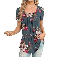 Womens Going Out Tops Dressy Square Neck Short Sleeve T Shirt Summer Floral Graphic Tees Casual Front Pleated Tunic Blouse