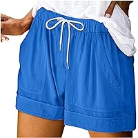 Women Casual Shorts Plain Solid Color Elastic Waist Drawstring Shorts with Pocket Lightweight Summer Beach Short Pant