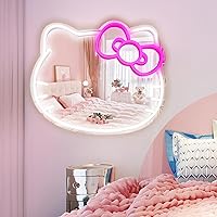 Anime Hello Kit Mirror with Light Neon Signs for Wall Decor, Neon Mirror with Dimmable for Teen Girl Gifts ，Wall Mirror neon Sign Room Decor