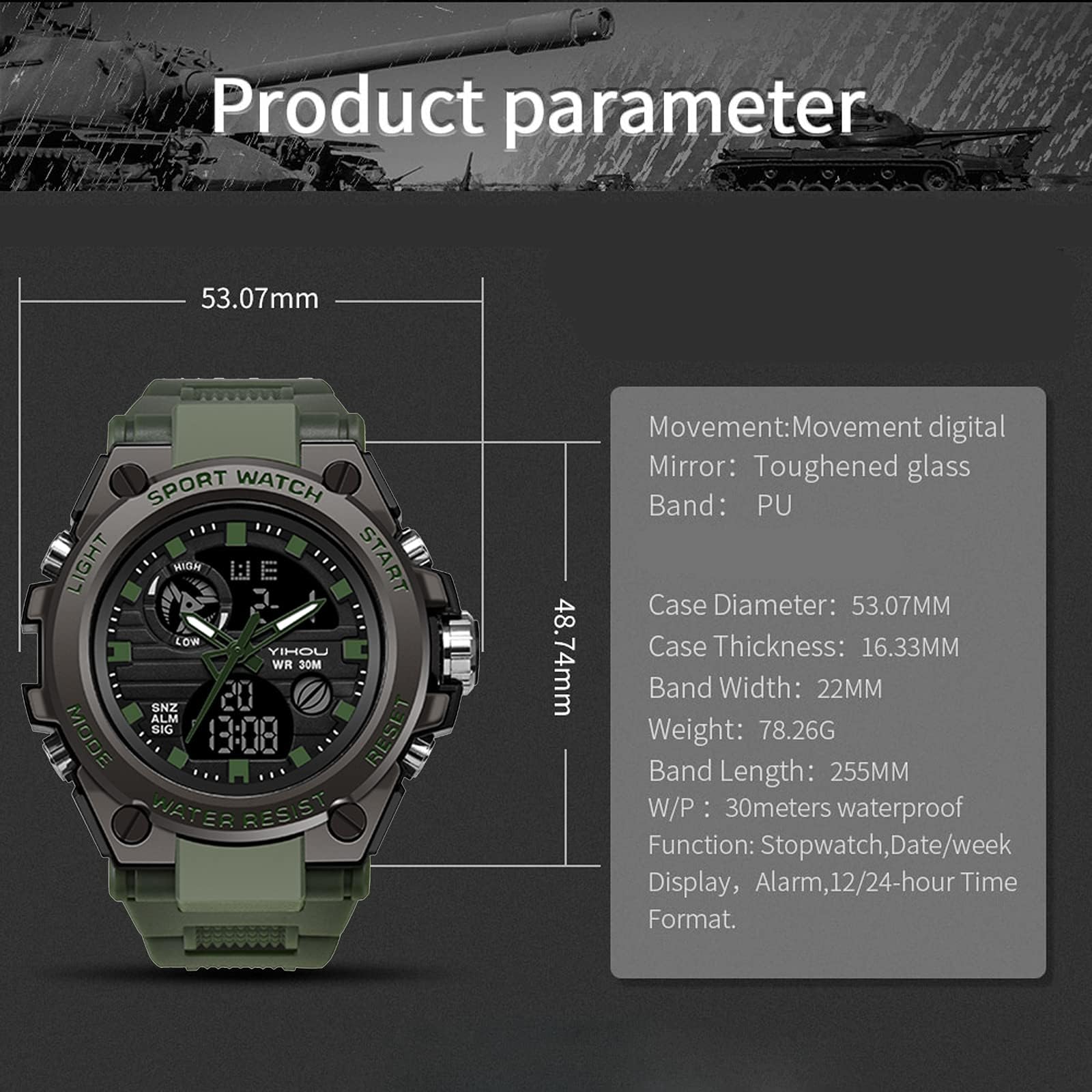 Yihou Men's Military Watch Outdoor Sports Electronic Watch Tactical Army  Wristwatch LED Stopwatch Waterproof Digital Analog Watches