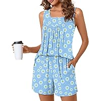 Anydeer Women Tank Pajama Sets Summer Sleeveless Square Neck 2 Piece Lounge Pjs Shorts With Pocket