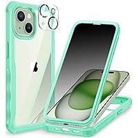 CENHUFO iPhone 15 Case, with Built-in Anti Peep Tempered Glass Privacy Screen Protector and Camera Lens Protective Full Body Shockproof Clear Cover Spy Privacy Phone Case for iPhone 15 - Green