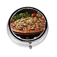 Pizza with Mushrooms and Tomatoes on Top Pill Box 3 Compartment Metal Pill Case Portable Travel Pill Organizer for Pocket or Purse Decorative Round Medicine Box Vitamin Container