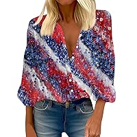American Flag Shirt for Women Star Stripes 4th of July Summer Tops for Women 2024 Print V Neck 3/4 Sleeve Tee Tops