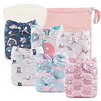 babygoal Reusable Cloth Diapers 6 Pack+6pcs Rayon from Bamboo Inserts+Wet Bag, One Size Adjustable Washable Pocket Nappy Covers for Baby Girls and Boys 6FG38