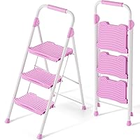 KINGRACK 3 Step Ladder, Sturdy Step Stool with Handrail, Anti-Slip Wide Pedals, Foldable Step Stool for Home, Garage, Garden, Pink, Pass 900LBS Testing