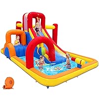 Inflatable Water Slide, 10 in 1 Water Park Bounce House with Blower, Splash Pool, 2 Slides, Water Cannon, Climbing Wall, Blow up Water Slides for Kids Outdoor Backyard