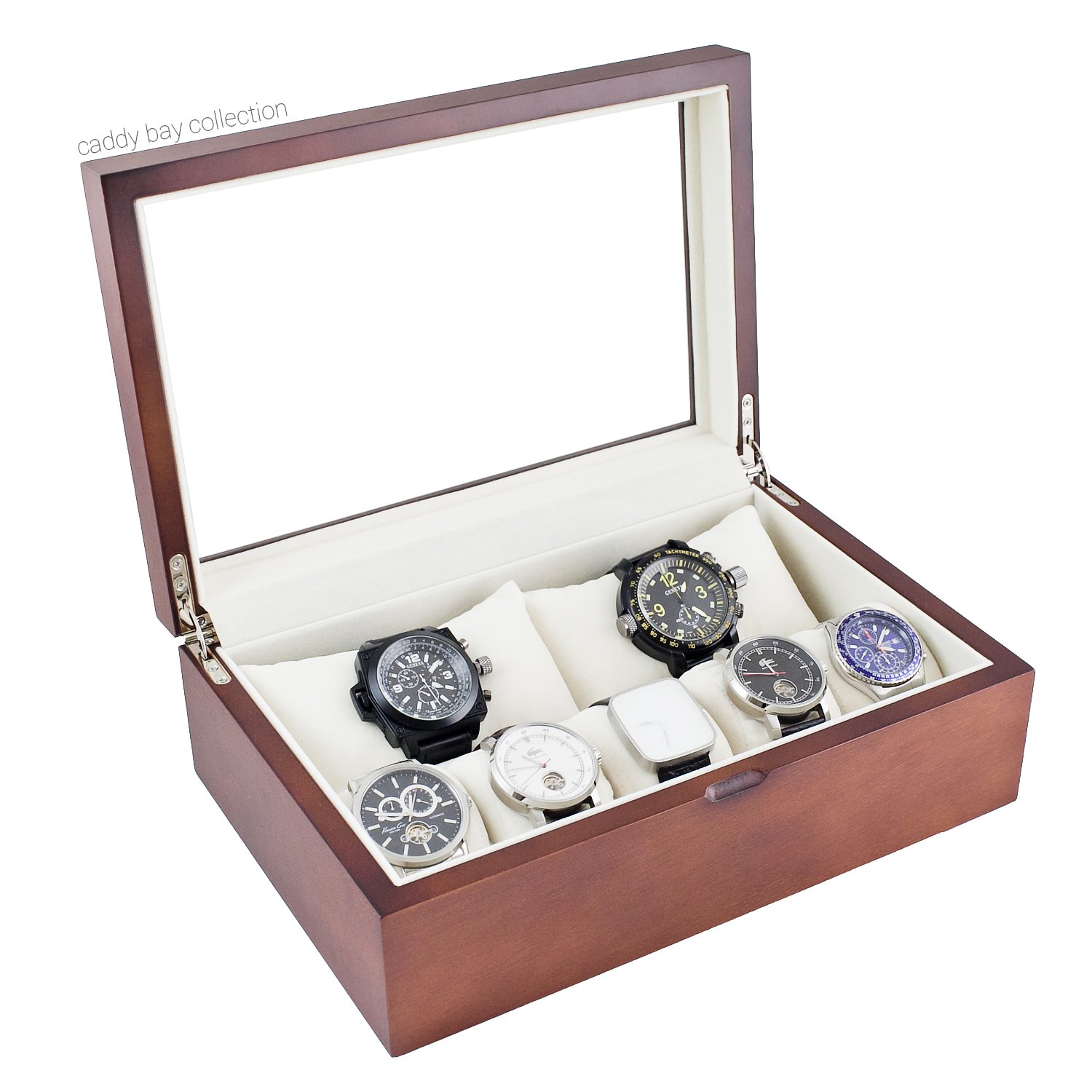 Caddy Bay Collection Vintage Wood Watch Case Holds 10+ Watches with Glass Top Lid and High for Large Watches
