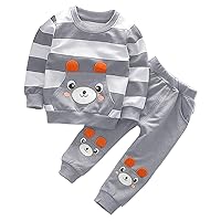 Kids Children Set Spring And Autumn Cute Cartoon Bear Long Sleeve Striped Top Grey Pants Infant Boy Dress Clothes
