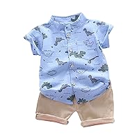 Floral Toddler Summer Thin Cartoon Dinosaur Series Shorts Short Sleeve Two Piece Set Suspenders (Sky Blue, 12-18 Months)