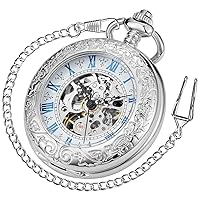 Tiong Steel Mechanical Hand Wind Customized Pocket Watch Skeleton Roman Numerals Pocket Watches with Chain & Gift Box Birthdays Father's Day Gifts for Men,Dad