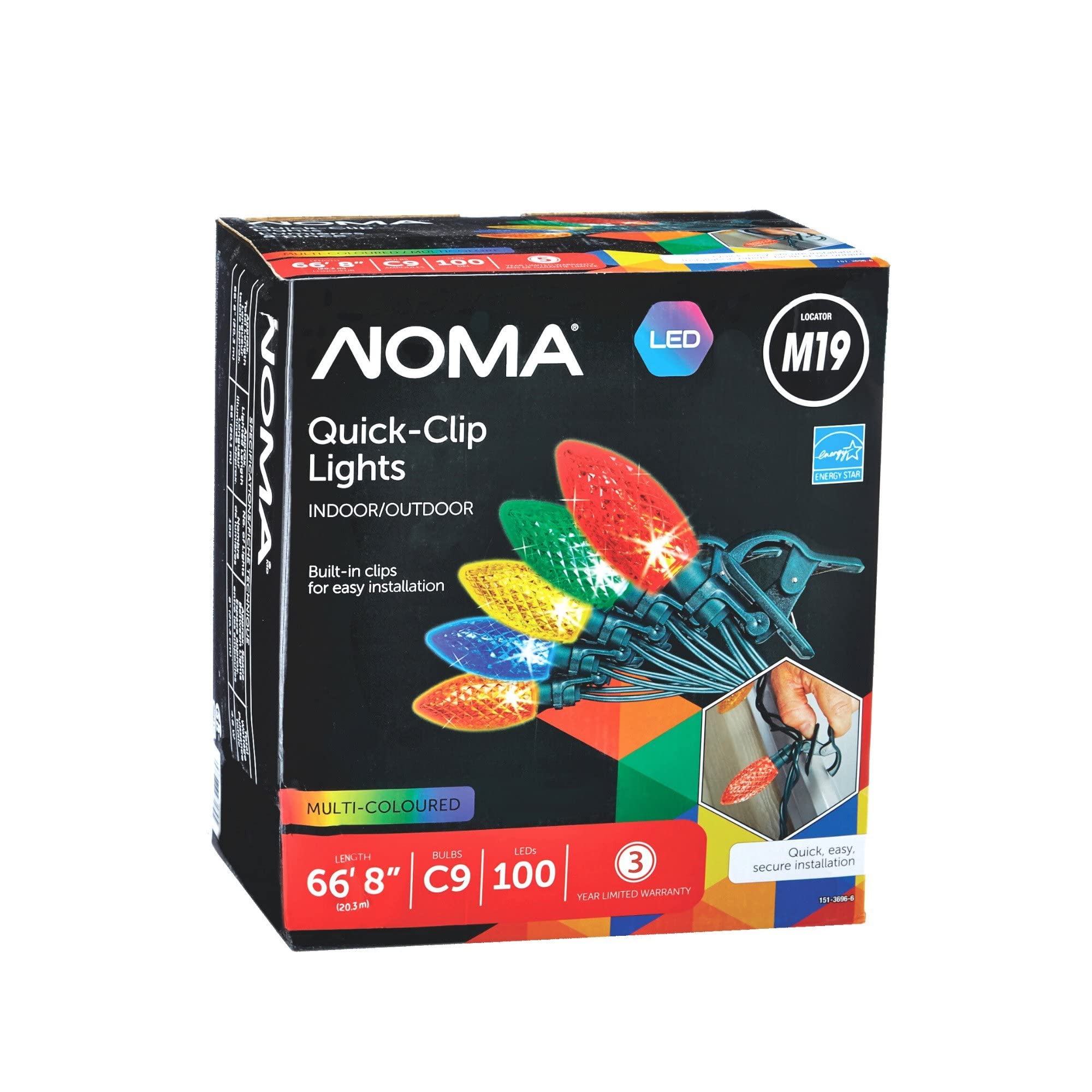 Noma C9 LED Quick Clip Christmas Lights | Built-in Clip-On String Lights | 100 Multi-Color Bulbs | 66.8 Foot Strand 
