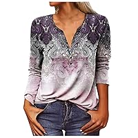 Womens Long Sleeve Fashion Tunic Tops Vintage Floral Print V Neck Tee Shirts Causal Loose Comfy Pullover Sweatshirts