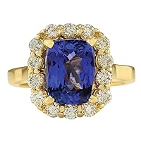 4.15 Carat Natural Blue Tanzanite and Diamond (F-G Color, VS1-VS2 Clarity) 14K Yellow Gold Engagement Ring for Women Exclusively Handcrafted in USA