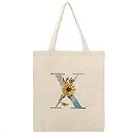 Sunflower Watercolor Monogram Initial Letter X Canvas Tote Bag with Handle Cute Book Bag Shopping Shoulder Bag for Women Girls