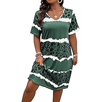 SOLY HUX Women's Plus Size Leopard Print V Neck Short Sleeve T Shirt Dress Summer Short Dresses