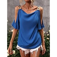 Women's Tops Women's Shirts Sexy Tops for Women Cold Shoulder Chain Detail Blouse (Color : Blue, Size : Large)