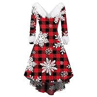 TWGONE Christmas Outfits for Women Fuzzy Plush V Neck Cartoon Festival Cocktail Holiday Party Flare Dress