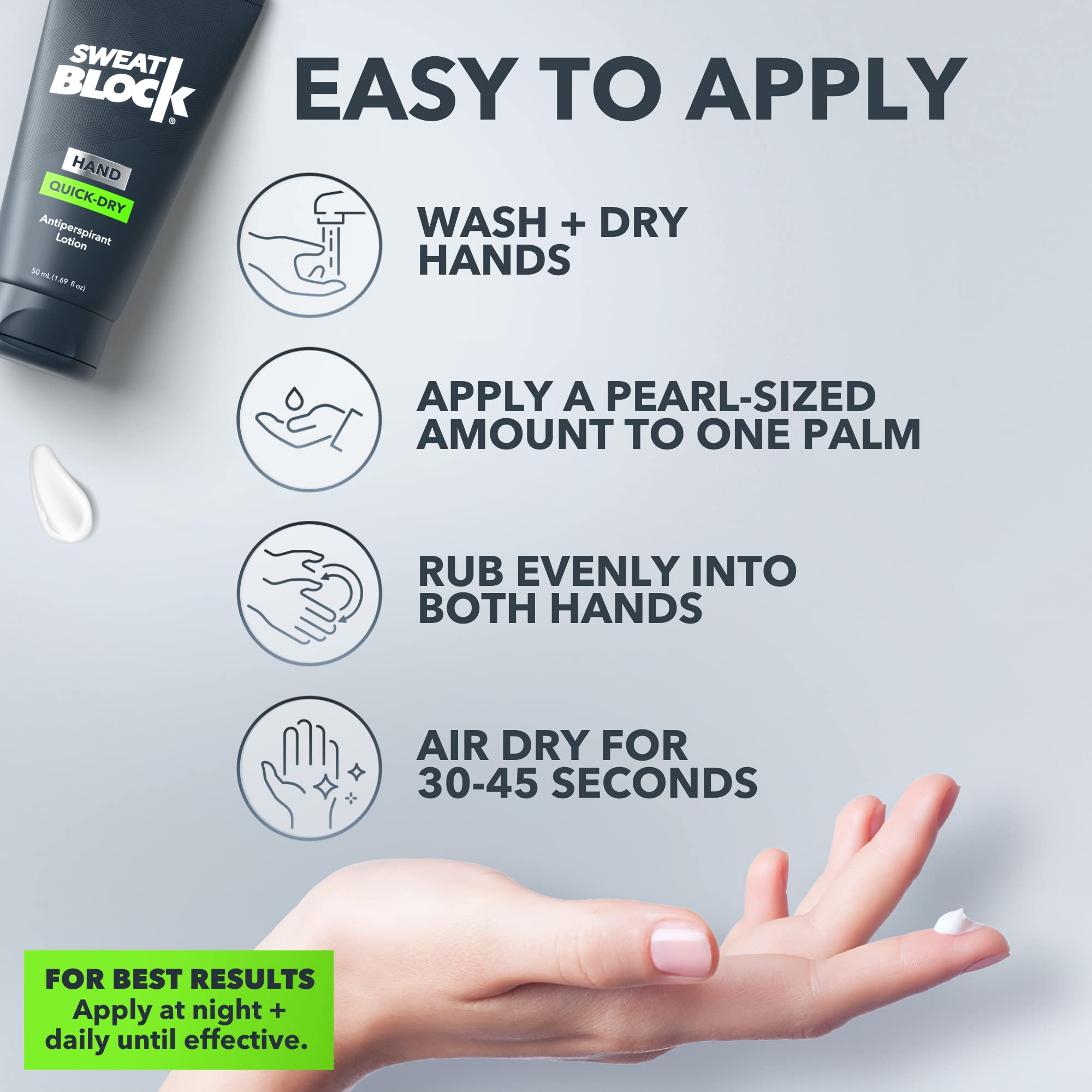 SweatBlock Antiperspirant Hand Lotion for Men & Women - Quick-Dry Hyperhidrosis Aid to Stop Excessively Sweaty Palms - Non-Irritating - Dermatologist Tested Formula - Travel Size 1.69 fl oz