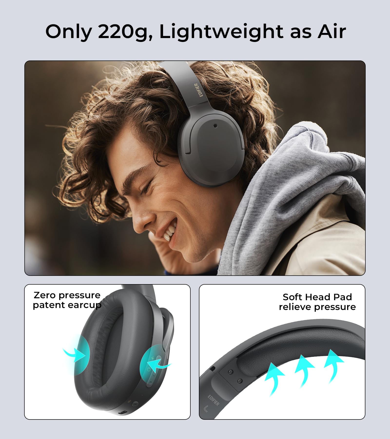 Edifier W820NB Plus Hybrid Active Noise Cancelling Headphones - LDAC Codec - Hi-Res Audio - Fast Charge - Over Ear Bluetooth V5.2 Headphones for Travel, Flight, Train, and Commute- Gray