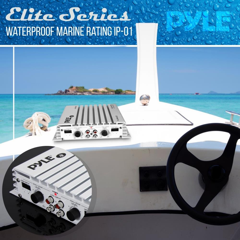 Pyle Hydra Marine Amplifier - Upgraded Elite Series 400 Watt 4 Channel Audio Amplifier - Waterproof, Dual MOSFET Power Supply, GAIN Level Controls, RCA Stereo Input & LED Indicator (PLMRA400)