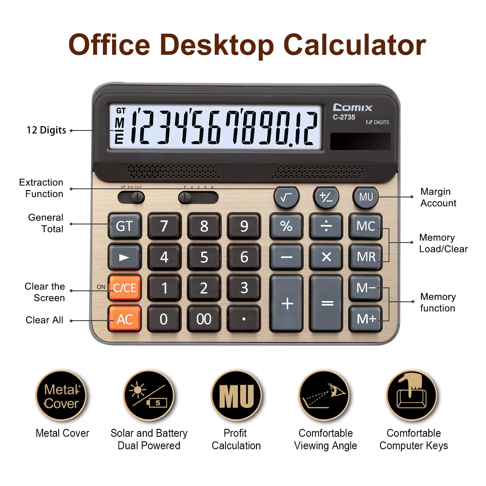 Comix Desktop Calculator, Large Computer Keys, 12 Digits Display, Champaign Gold Color Panel, C-2735