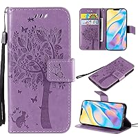 XYX Wallet Case for Oppo Realme 7 Pro, Embossed Cat Butterfly Flowers PU Leather Flip Protective Phone Case Cover with Card Slots for Oppo Realme 7 Pro, Lavender