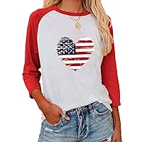 Womens 4th of July T Shirts Love Heart Shaped Crewneck Tops 3/4 Sleeve American Proud Comfy Tee