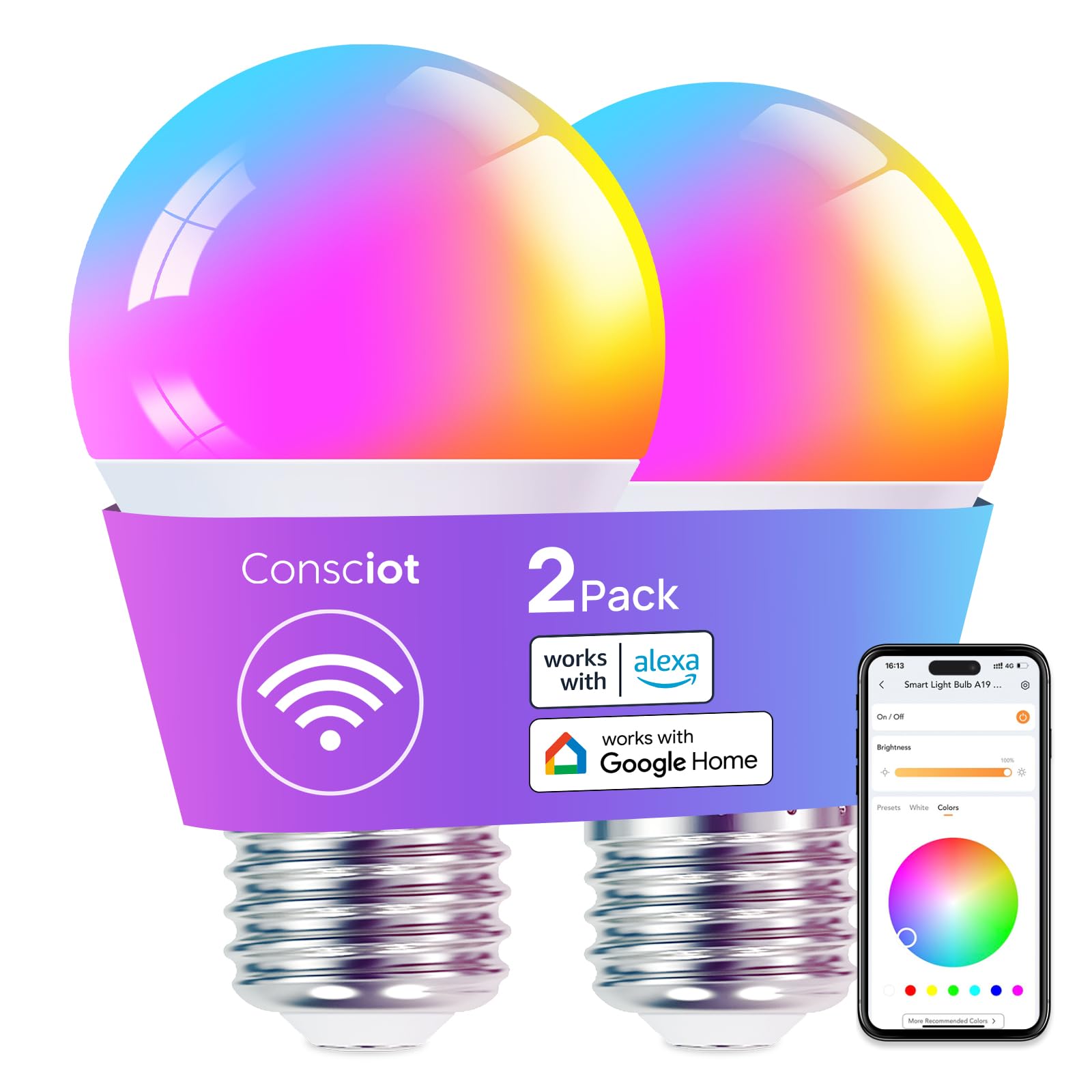 Consciot Smart Light Bulbs, WiFi LED Light Bulb That Works with Alexa & Google Home, Music Sync, Color Changing Light Bulb, A19 E26 2.4Ghz WiFi Light Bulbs 60 watt Equivalent, 800lm Dimmable 2 Pack