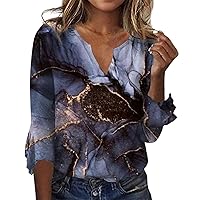 Womens Tops 3/4 Sleeve Shirt Casual Marble Print T Shirts Sexy V Neck Loose Blouses Tunic Top Quarter Sleeve Blouse