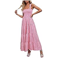 Women's Floral Smocked Tiered Ruffle Cami Dresses Summer Square Neck Lace-Up Sleeveless Pleated Boho Maxi Sundress