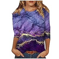 Shirts for Women Casual 3/4 Sleeves Printed Tee Shirt O-Neck Retro Comfortable Blouse Lightweight Fit T-Shirts