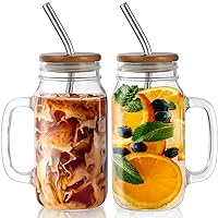 Mason Jar with Lids and Straws, 24 oz Drinking Cup with Handle, Glass Cups with Acacia Wood Lids,Iced Coffee Glasses, Drinking Glass Cups Set of 2
