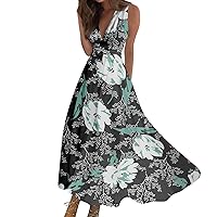 Midi Dresses for Women Black Beach 2024 Vacation Long Dress Swing Dress A Line Floral Print Sleeveless V Neck Dress