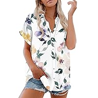 Womens Short Sleeve Tunic Tops 2024 Casual Summer Regular Fit Breathable Shirt Trendy Loose V Neck Printing Shirts