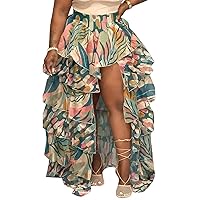 Voghtic Women Summer Boho Floral Print Ruffles Asymmetrical Hem Layered Swing Maxi Skirts