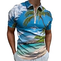 Hawaii Beach Blue Ocean Palm Tree Men’s Polo Shirt Slim Fit Golf Shirts Casual Short Sleeve Work T Shirts