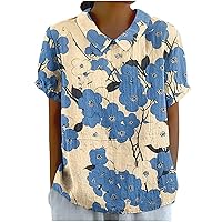 Boho Floral Preppy Shirts Women Peter Pan Collar Short Sleeve Blouse Summer Trendy Keyhole Back Cute Casual Tops