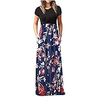 Women's Round Neck Trendy Casual Summer Short Sleeve Long Floor Maxi Foral Print Hawai Flowy Beach Dress Swing Blue