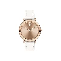 Movado Women's Bold Evolution Pale Rose Gold Ionic Plated Stainless Steel Case with a White Leather Strap, White (Model: 3600891)