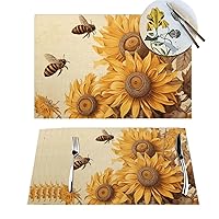 4 PCS Placemats Set Bees and Sunflowers Woven Place Mats for Dining Table Heat Resistant Table Mats Non-Slip Place Mats for Kitchen Washable PVC Vinyl Place Mats