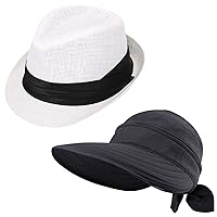 Simplicity 2in1 Beach Visor Hat Black and Straw Fedora Hat White