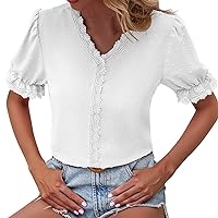 Womens Cuff Short Puff Sleeve Tops Blouses for Women Lace V Neck Chiffon Swiss Dot Fall Summer Shirts 2024